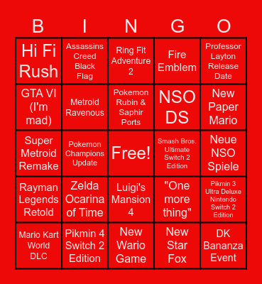 Nintendo Direct Bingo Card