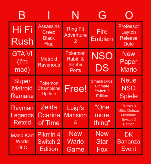 Nintendo Direct Bingo Card