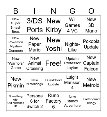 Nintendo Direct 9/9/26 Bingo Card