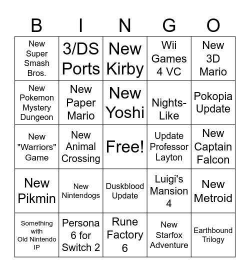 Nintendo Direct 9/9/26 Bingo Card