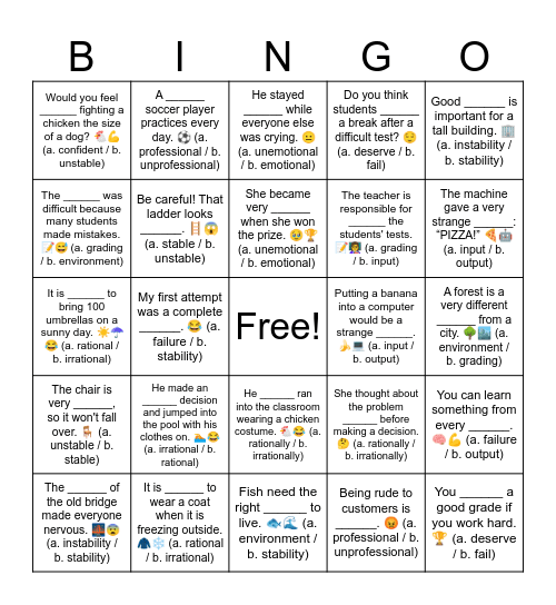 D2 L2 Fill In the Blank Bingo Card