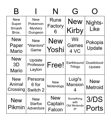 Nintendo Direct 9/9/26 Bingo Card