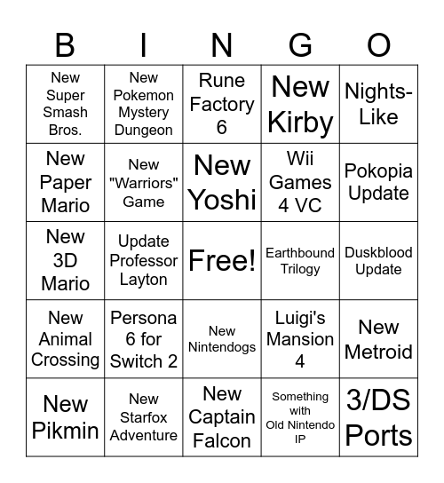 Nintendo Direct 9/9/26 Bingo Card