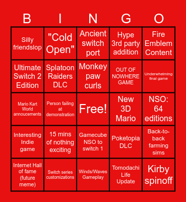 Nintendo Direct 9/9/26 Bingo Card