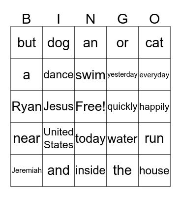 Parts of Speech Bingo Card