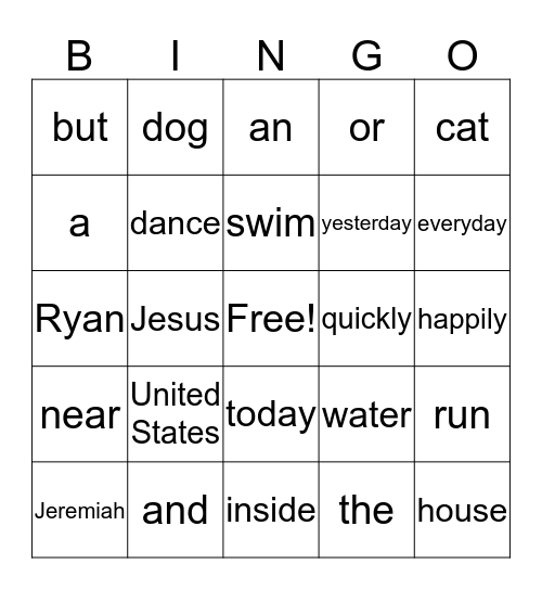 Parts of Speech Bingo Card