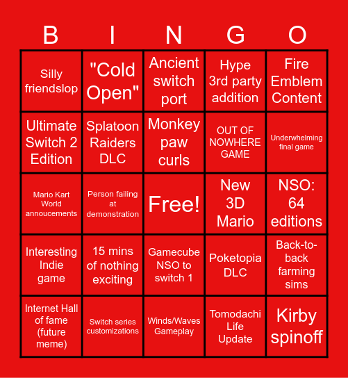 Nintendo Direct 9/9/26 Bingo Card