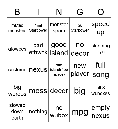 msm Bingo Card