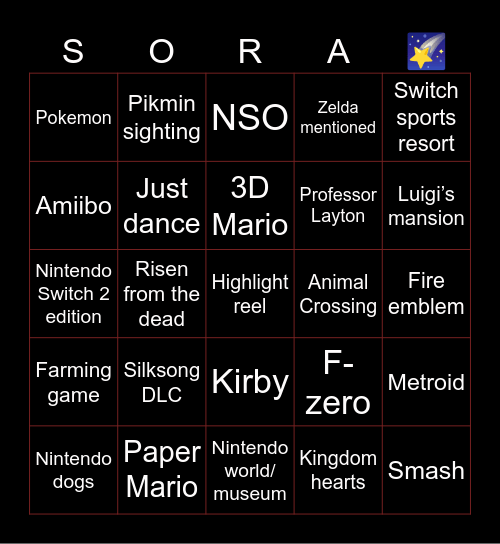 Nintendo Direct 9/9/26 Bingo Card