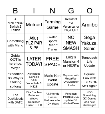 Brenden's Nintendo Direct 9/9/2026 Direct Bingo Card Bingo Card