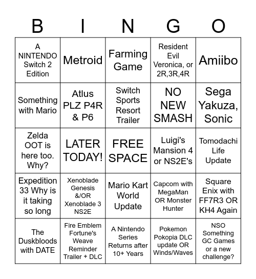 Brenden's Nintendo Direct 9/9/2026 Direct Bingo Card Bingo Card