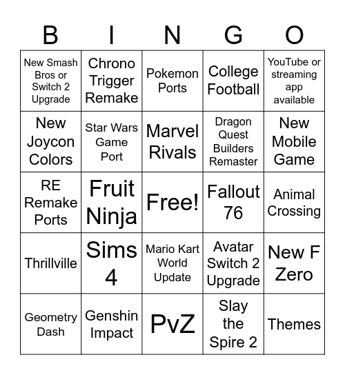 Nintendo Direct Bingo Card