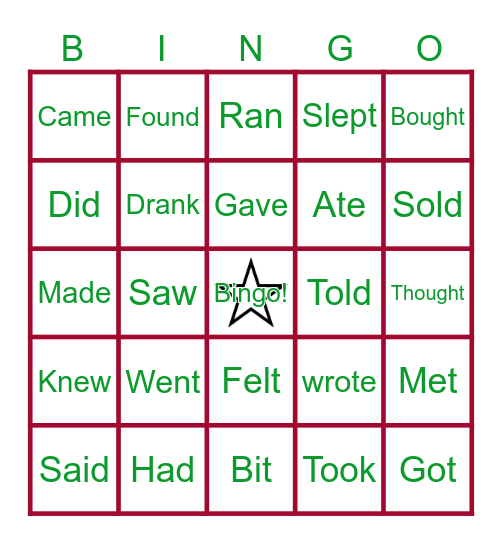 Irregular Past Tense Bingo Card