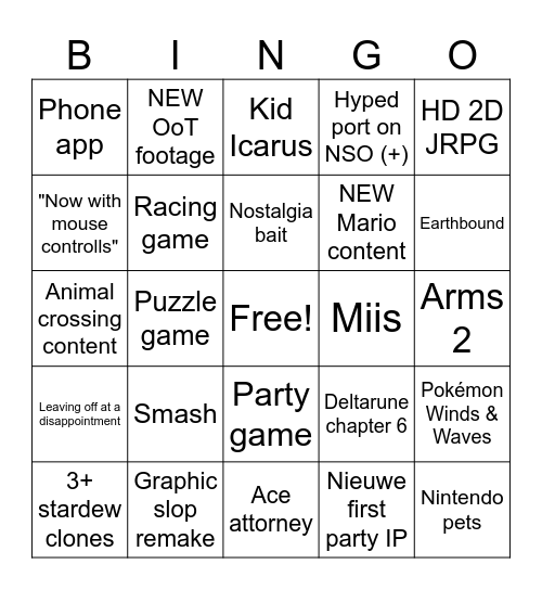 Nintendo direct 09-09 Bingo Card