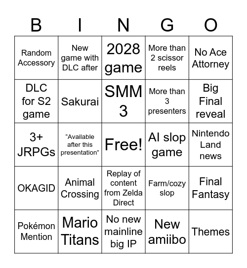 Nintendo Fall Direct Bingo Card