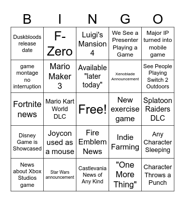 Nintendo Direct Bingo Card