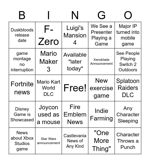 Nintendo Direct Bingo Card
