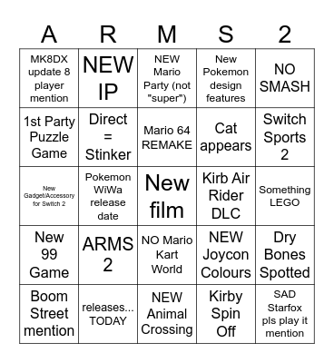 NO SMASH NO 3D MARIO Bingo Card