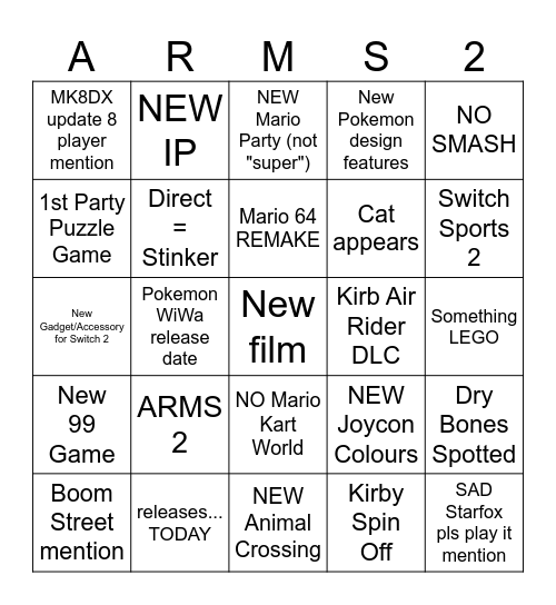 NO SMASH NO 3D MARIO Bingo Card