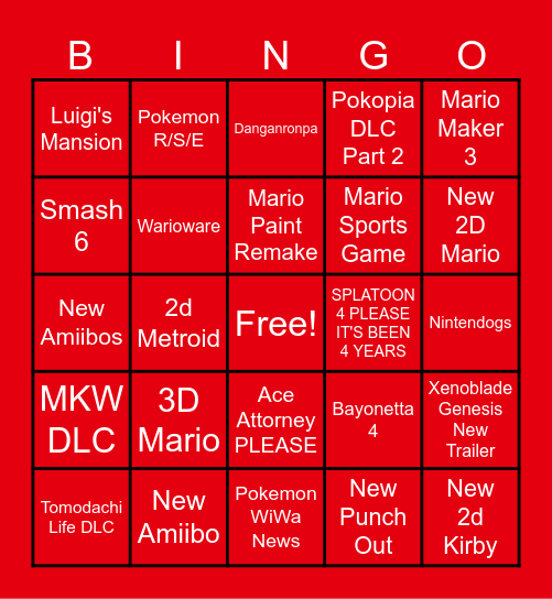 Nintendo Direct 9/9/26 Bingo Card