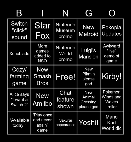 Alice's Nintendo Direct Bingo! Bingo Card