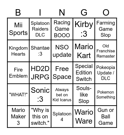 Nintendo Direct September 2026 Bingo Card
