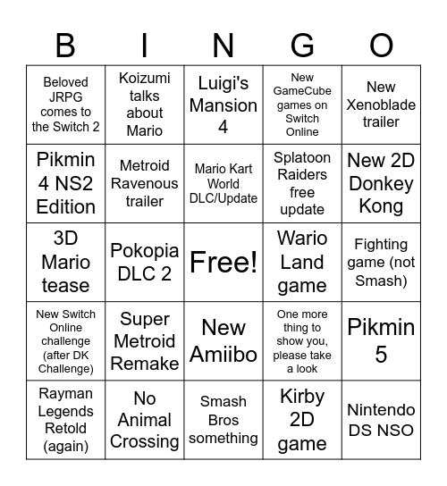 Nintendo Direct Bingo Card