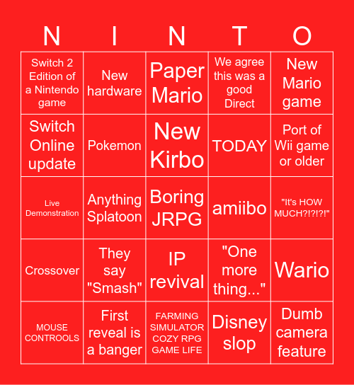 Nintnedo Direct 9/9/2026 Bingo Card