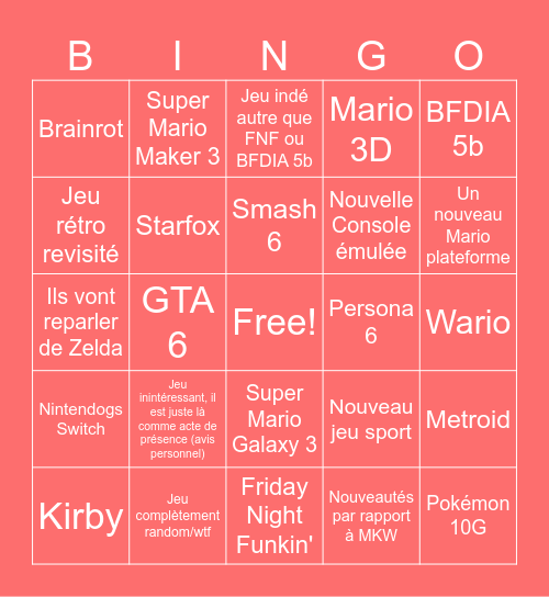 Nintendo Direct 9/9/2026 Bingo Card