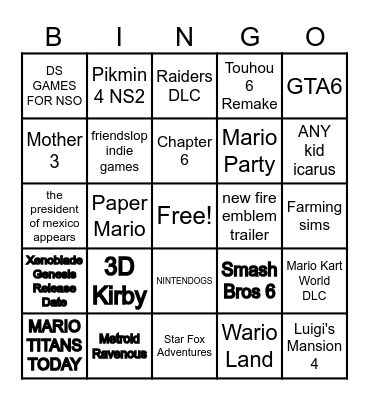 NINTENDO DIRECT BABYY Bingo Card