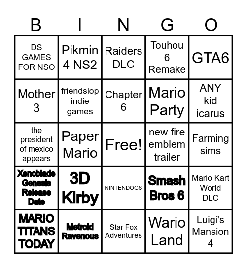 NINTENDO DIRECT BABYY Bingo Card