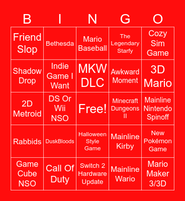 Nintendo Direct Predictions Bingo Card