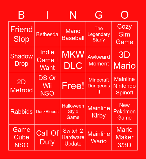 Nintendo Direct Predictions Bingo Card