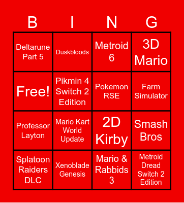 Nintendo Direct Sept 2026 Bingo Card