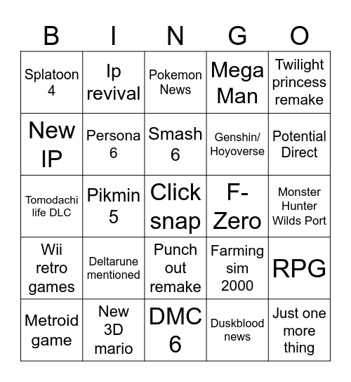 Nintendo Directtttttt Bingo Card
