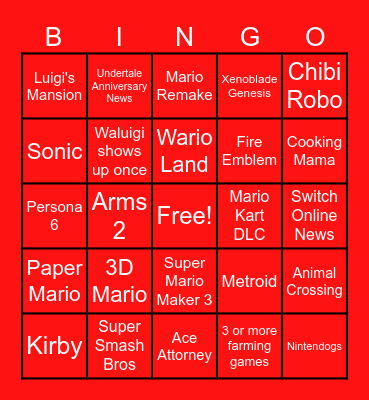 Nintendo Direct Bingo Card