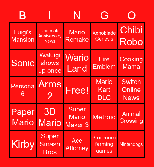 Nintendo Direct Bingo Card