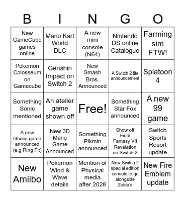 Nintendo Direct - Sep 2026 Bingo Card