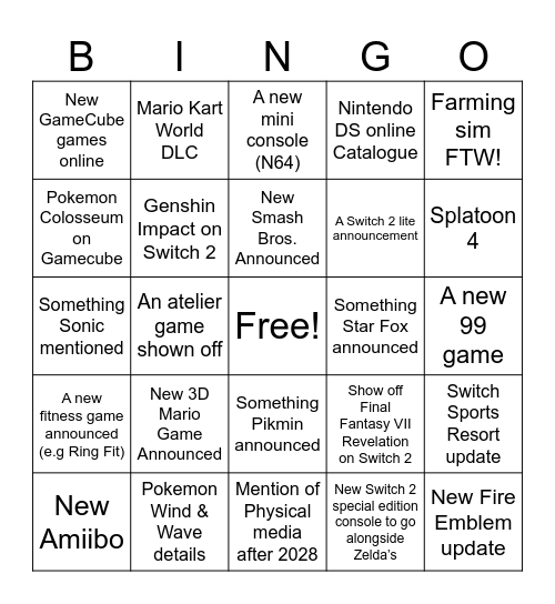 Nintendo Direct - Sep 2026 Bingo Card