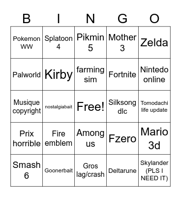 Nintendo direct Bingo Card