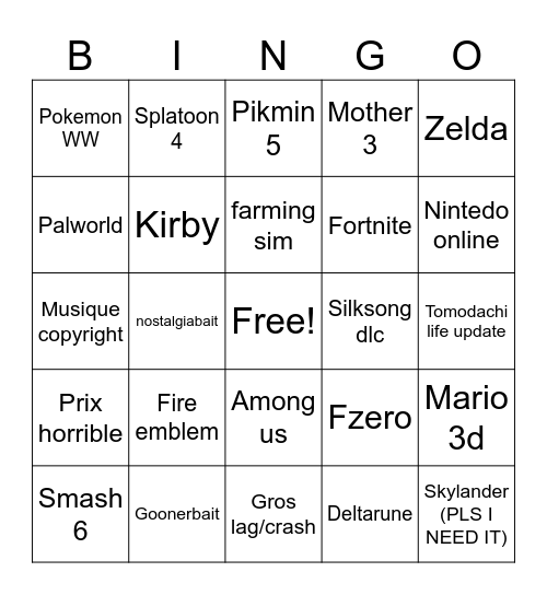 Nintendo direct Bingo Card