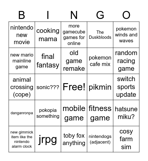 Nintendo direct Bingo Card