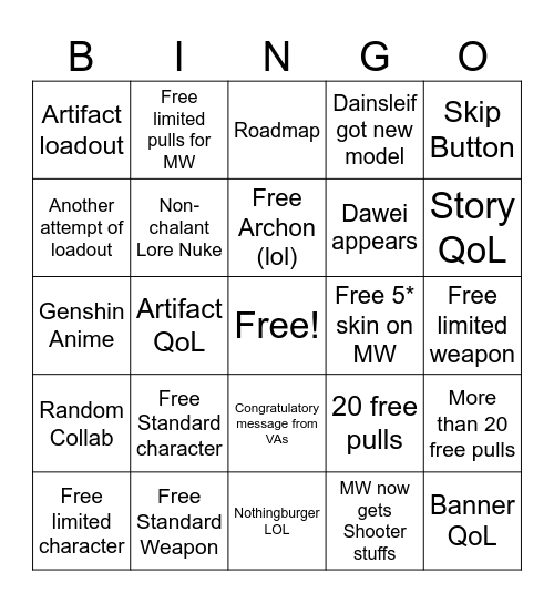Genshin 7.1 livestream Bingo Card