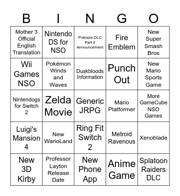 Nintendo Direct 9.9.2026 Bingo Card