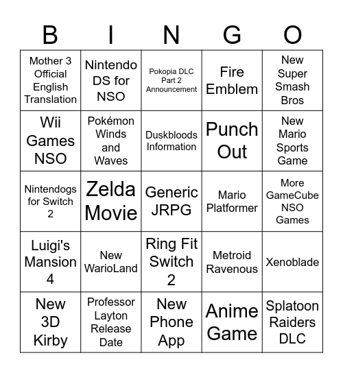 Nintendo Direct 9.9.2026 Bingo Card