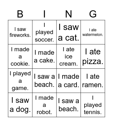 Past Tense Bingo Card