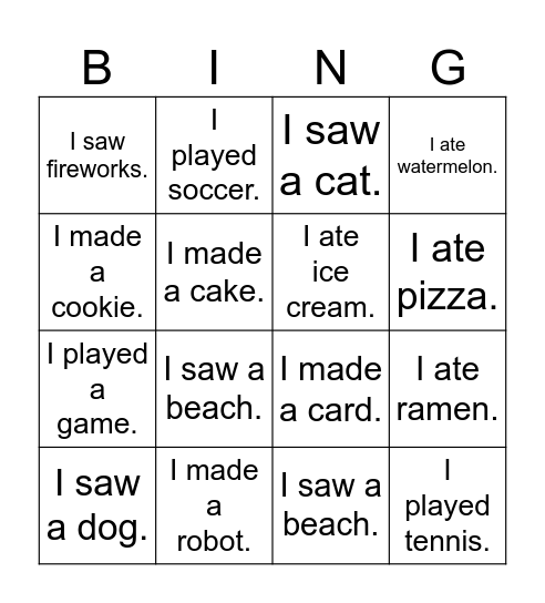 Past Tense Bingo Card