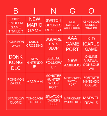 Nintendo Bingo 9/9/26 Bingo Card