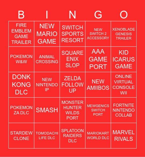 Nintendo Bingo 9/9/26 Bingo Card