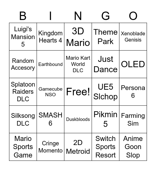 Nintendo Direct 2026 Bingo Card